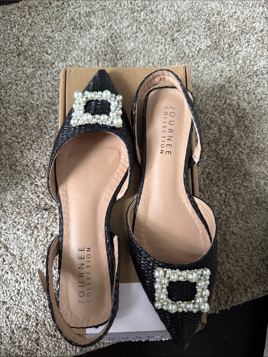 Journee Collection Shoes - Journee Collection Black Pearl-Buckle Slingback Pointed Flats
